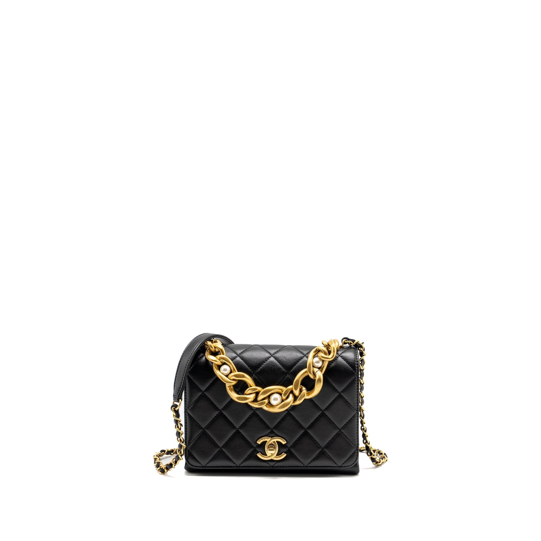 CHANEL SEASONAL FLAP BAG GIANT CHAIN HANDLE WITH PEARL CALFSKIN BLACK BRUSH GHW (MICROCHIP)