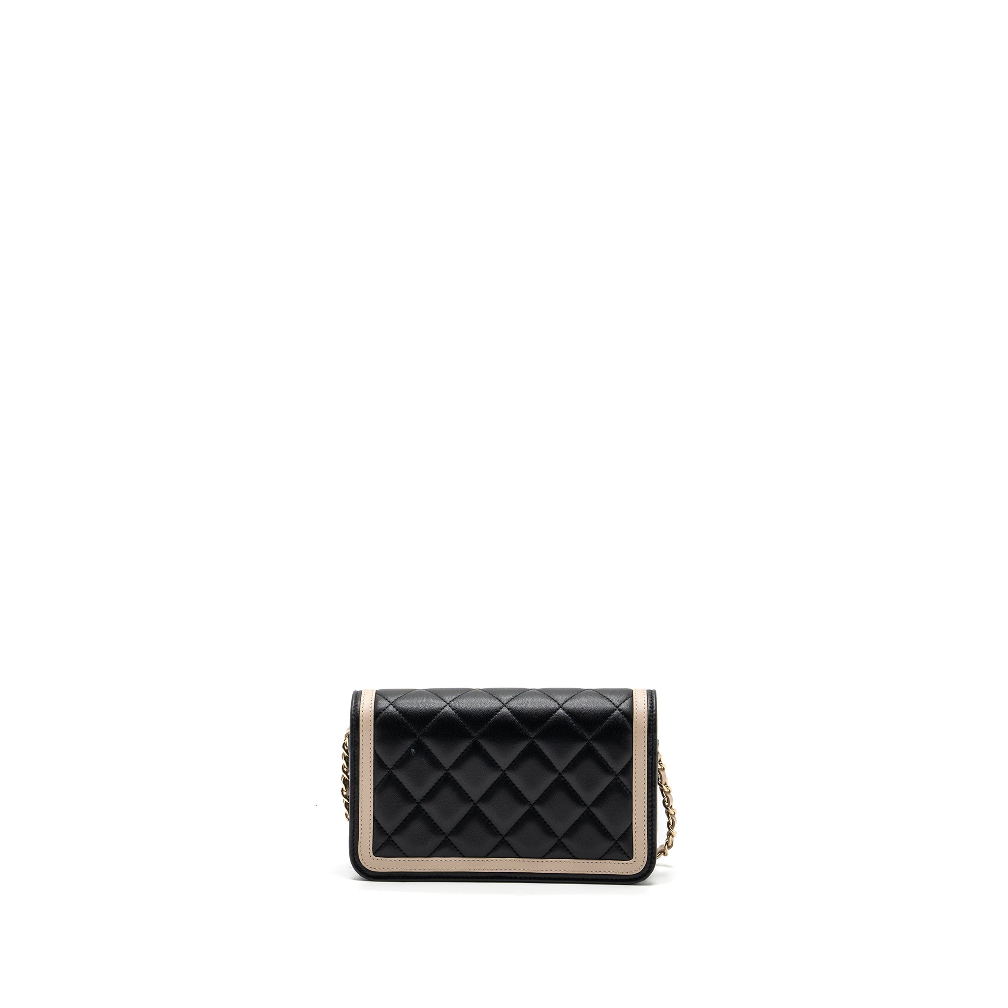 CHANEL 23B FLAP PHONE HOLDER LAMBSKIN BLACK/ WHITE LGHW (MICROCHIP)
