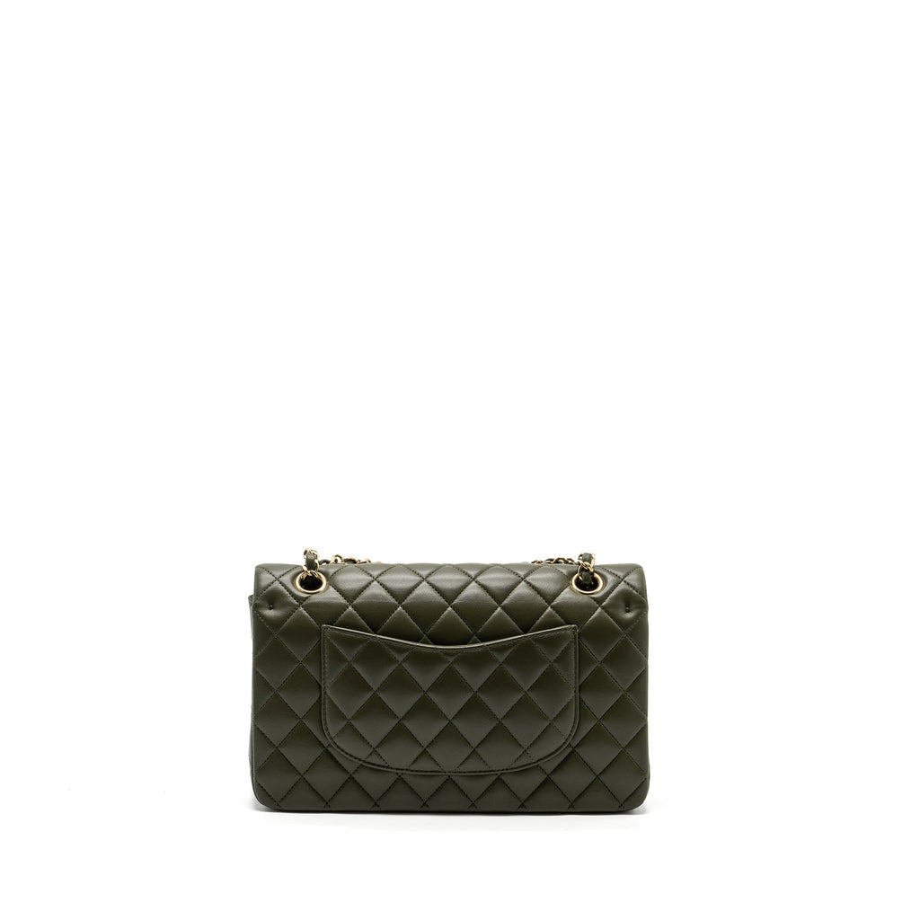 CHANEL 22K MEDIUM CLASSIC DOUBLE FLAP BAG LAMBSKIN OLIVE GREEN LGHW(MICROCHIP)
