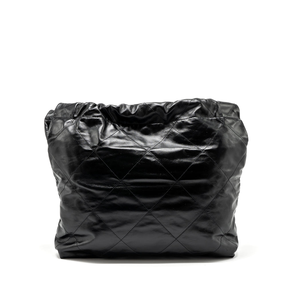 CHANEL MEDIUM 22 BAG GOLD LETTER SHINY CALFSKIN BLACK GHW (MICROCHIP)