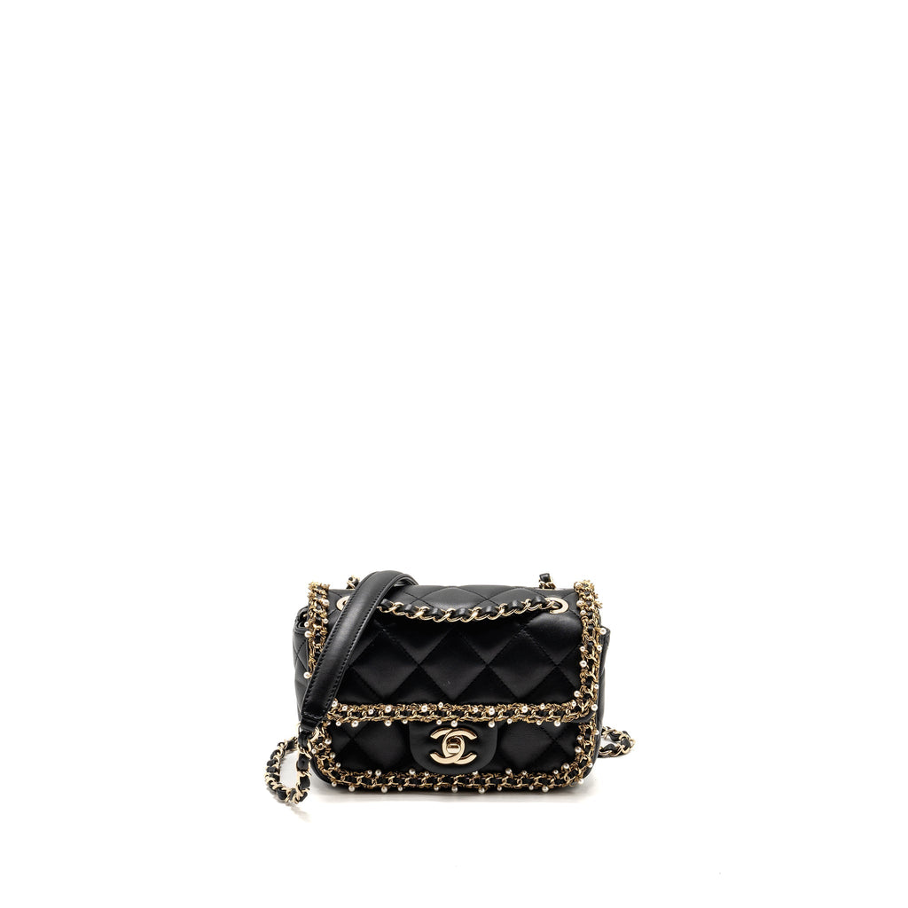CHANEL PEARL DETAILED EDGE MINI FLAP BAG LAMBSKIN BLACK LGHW (MICROCHIP)
