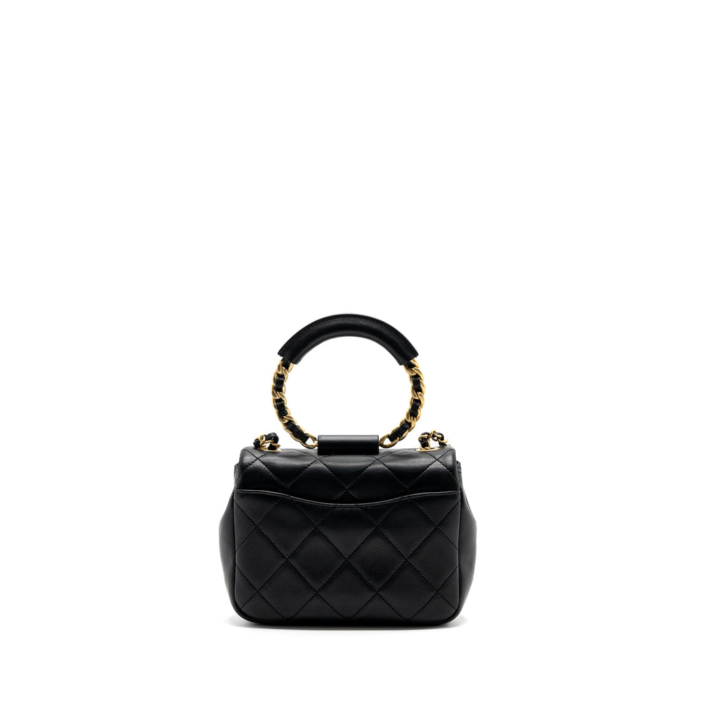 CHANEL CIRCULAR HANDLE QUILTED FLAP BAG LAMBSKIN BLACK BRUSHED GHW