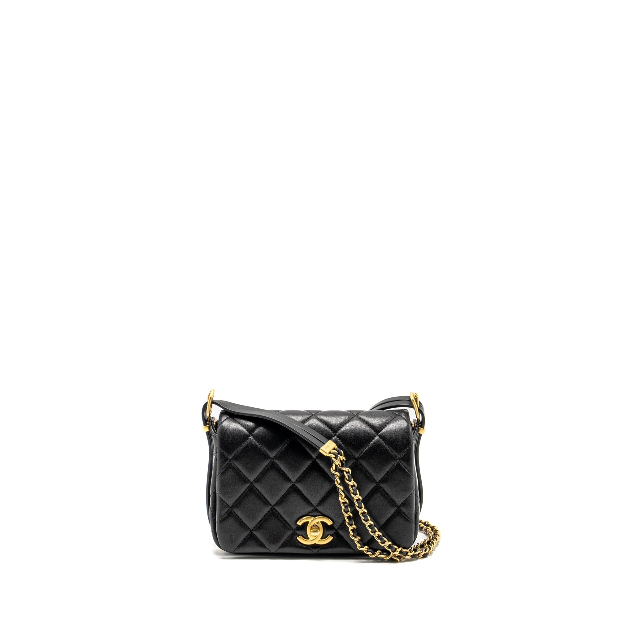 CHANEL 23B DETAIL CHAINS QUILTED FLAP BAG LAMBSKIN BLACK GHW(MICROCHIP)