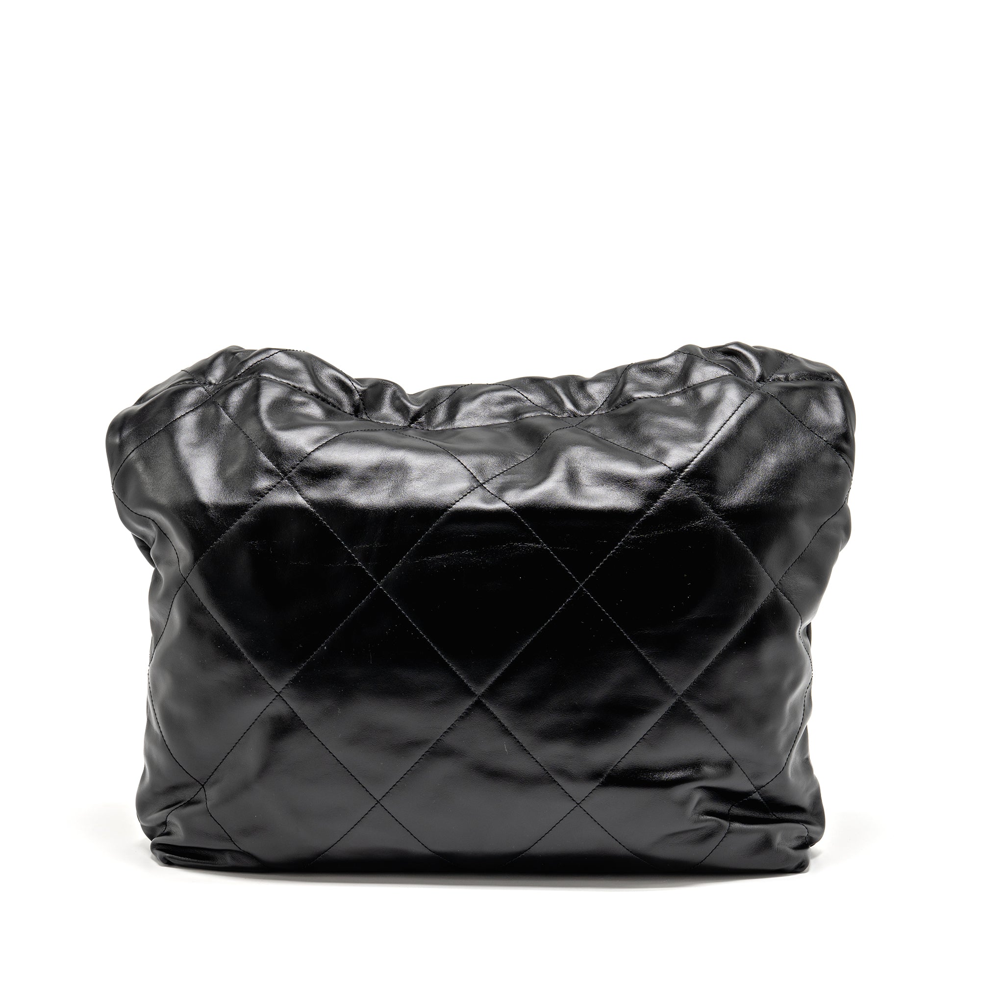 CHANEL MEDIUM 22 BAG GOLD LETTER SHINY CALFSKIN BLACK GHW (MICROCHIP)