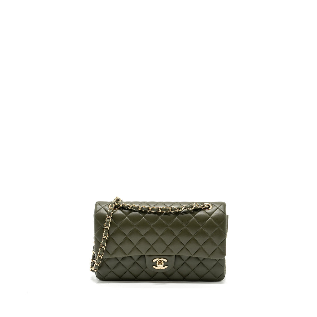 CHANEL 22K MEDIUM CLASSIC DOUBLE FLAP BAG LAMBSKIN OLIVE GREEN LGHW(MICROCHIP)