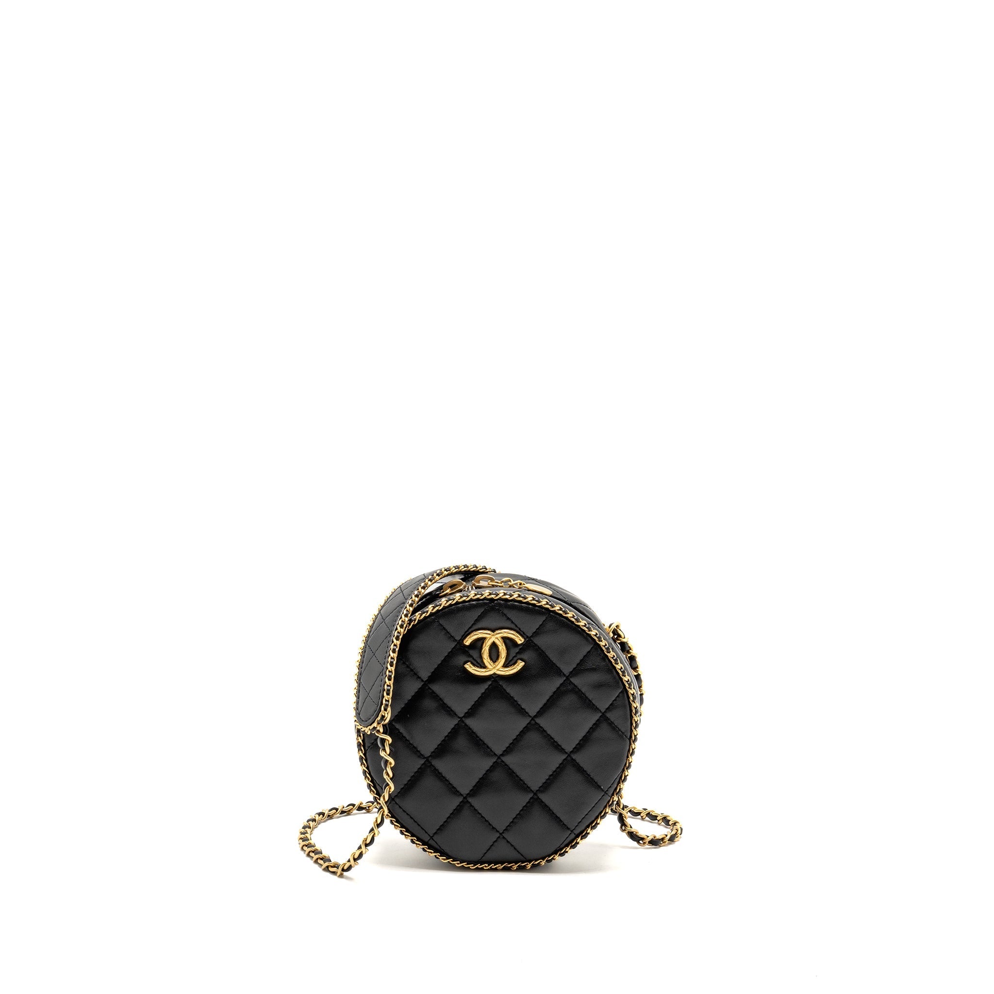 CHANEL ROUND VANITY WITH CHAIN LAMBSKIN BLACK GHW (MICROCHIP)