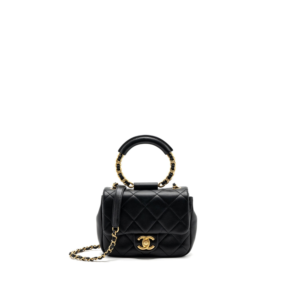 CHANEL CIRCULAR HANDLE QUILTED FLAP BAG LAMBSKIN BLACK BRUSHED GHW