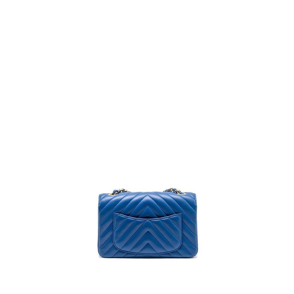CHANEL MINI RECTANGULAR FLAP BAG CHEVRON LAMBSKIN BLUE LGHW