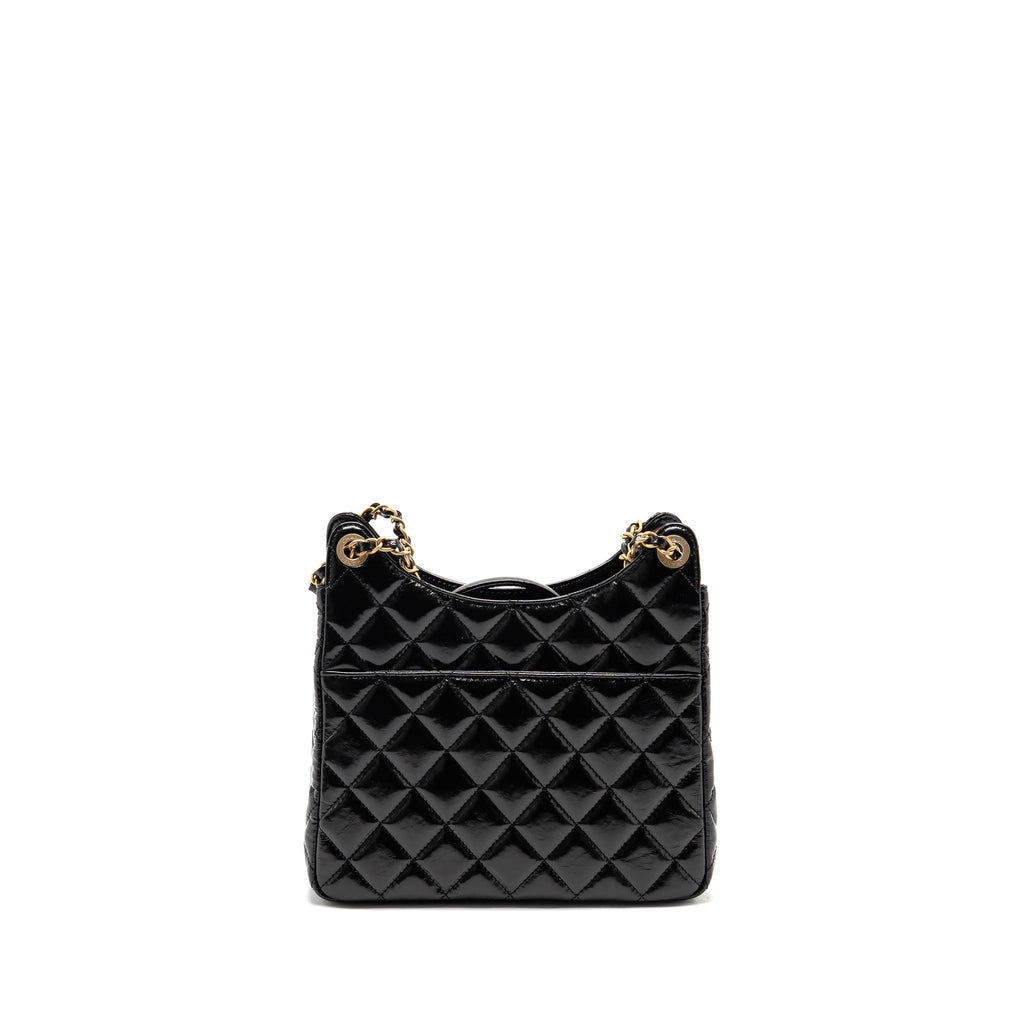 CHANEL HOBO BAG SHINY CALFSKIN BLACK BRUSHED GHW