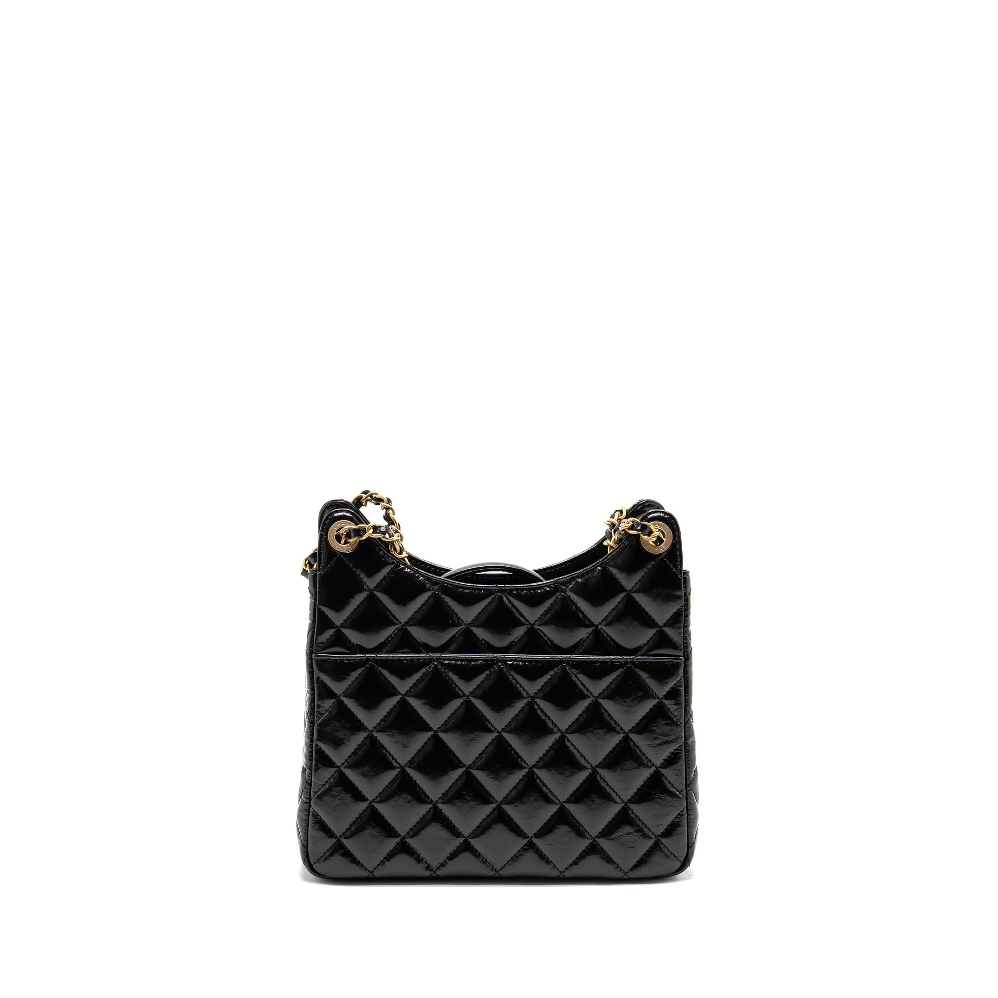 CHANEL HOBO BAG SHINY CALFSKIN BLACK BRUSHED GHW