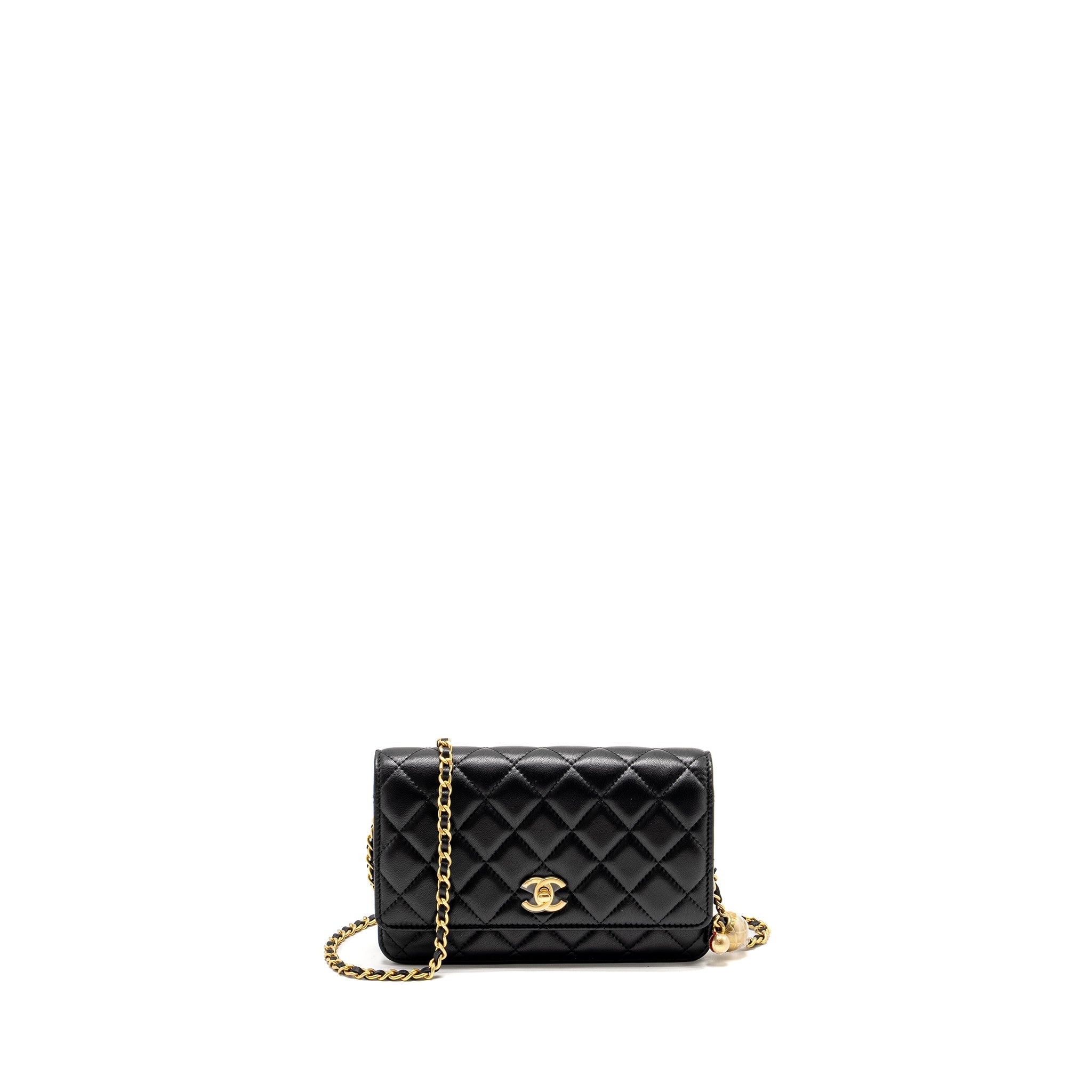 CHANEL PEARL CRUSH WALLET ON CHAIN LAMBSKIN BLACK GHW (MICROCHIP)