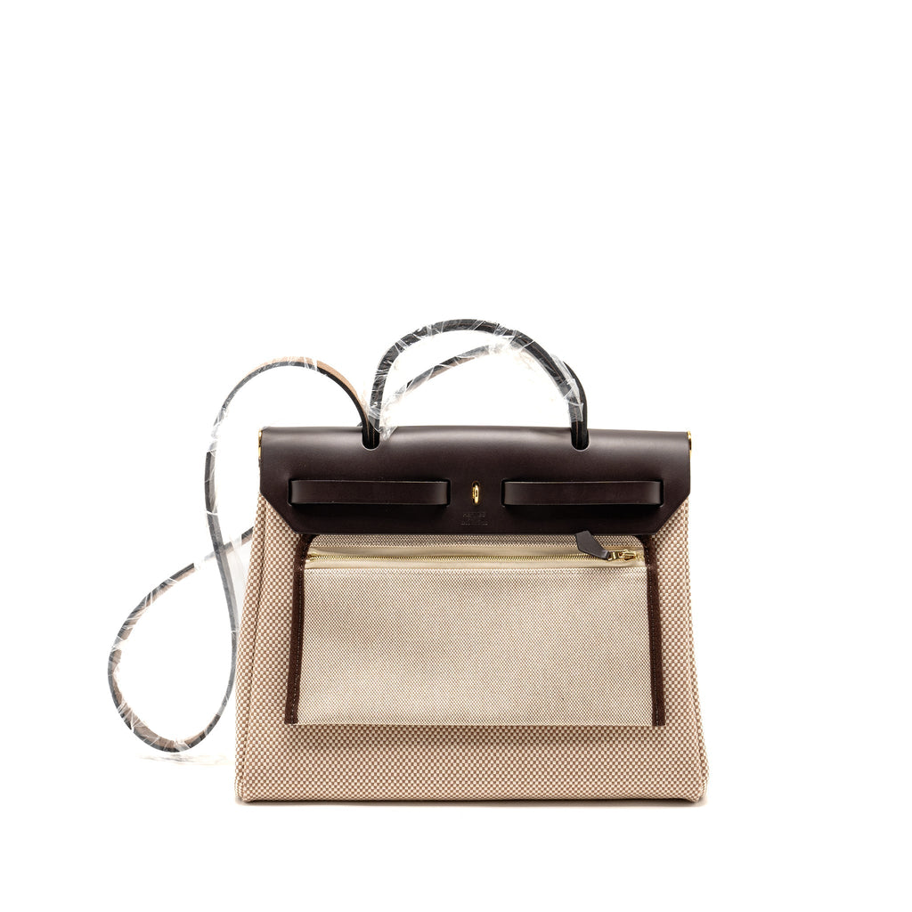 HERMES HERBAG 31 ZIP BAG CANVAS/LEATHER ECRU/BEIGE/EBENE GHW
