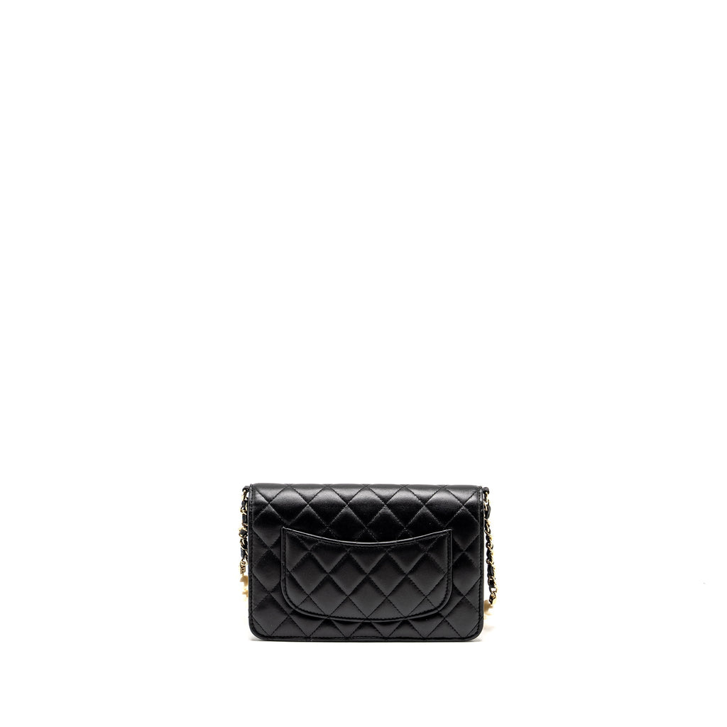CHANEL PEARL CHAIN WALLET ON CHAIN LAMBSKIN BLACK LGHW(MICROCHIP)
