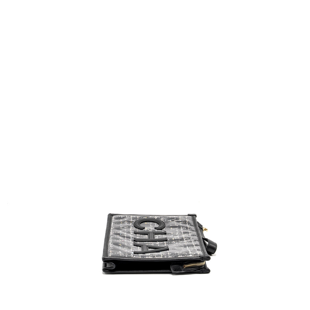 CHANEL LETTER LOGO CLUTCH BAG TWEED PVC/LAMBSKIN BLACK LGHW