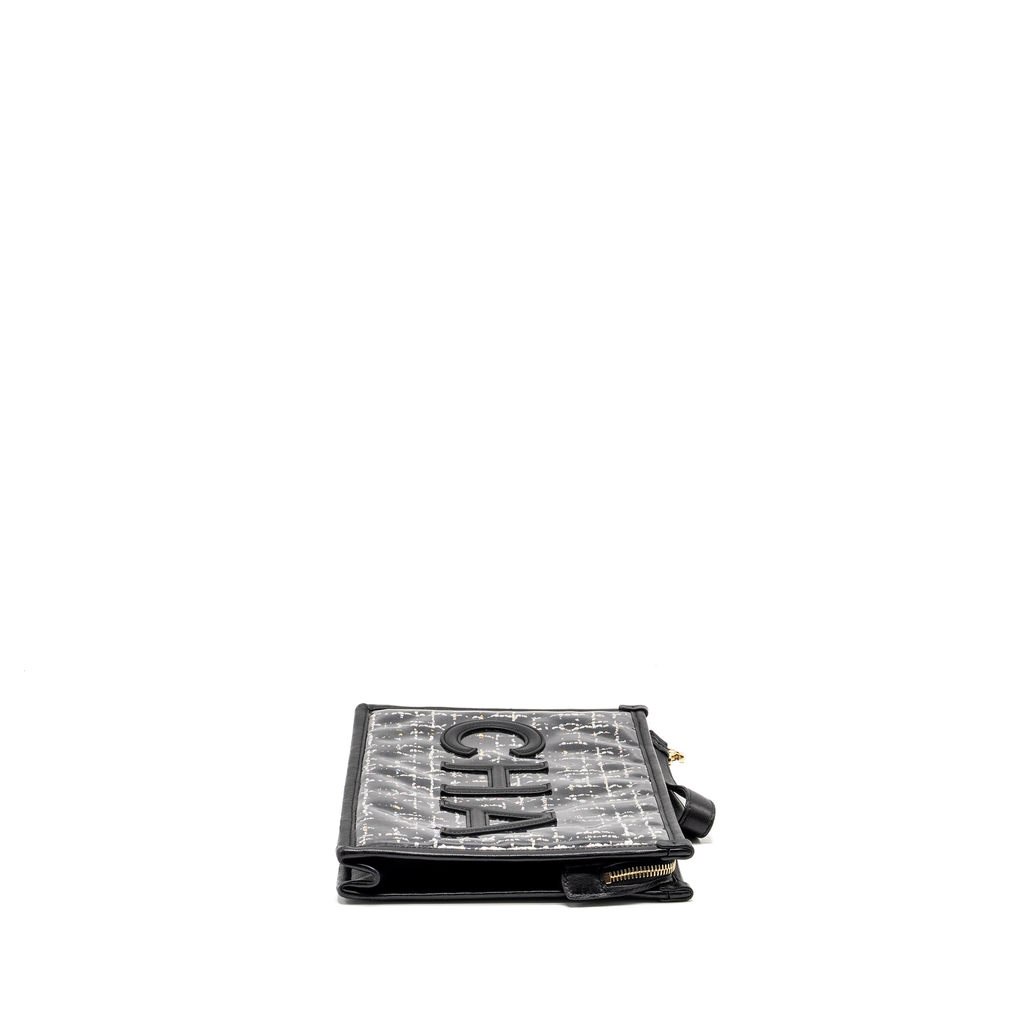 CHANEL LETTER LOGO CLUTCH BAG TWEED PVC/LAMBSKIN BLACK LGHW