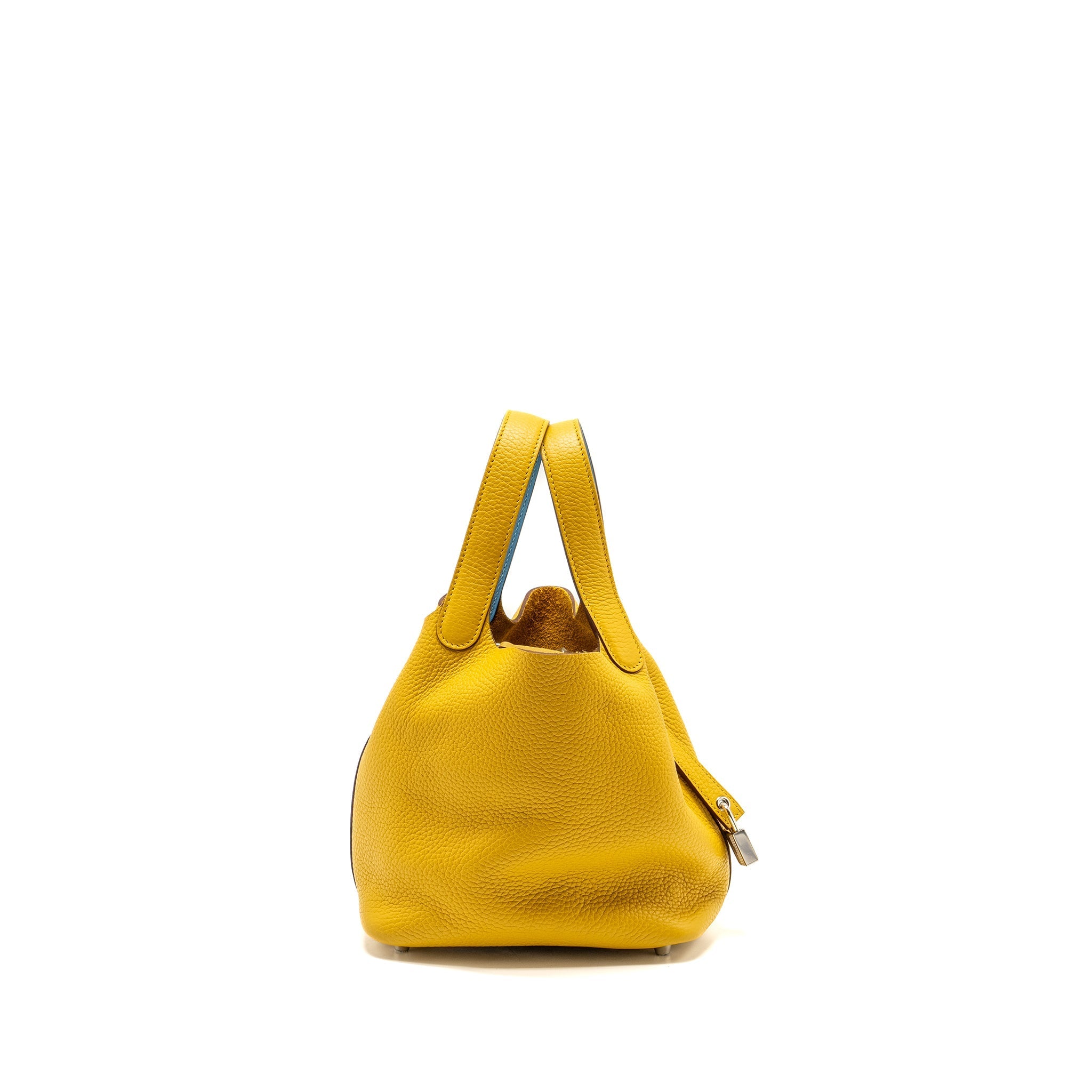 HERMES PICOTIN 18 LOCK BAG CLEMENCE 9D JAUNE AMBER / P3 BLUE DU NORD SHW
