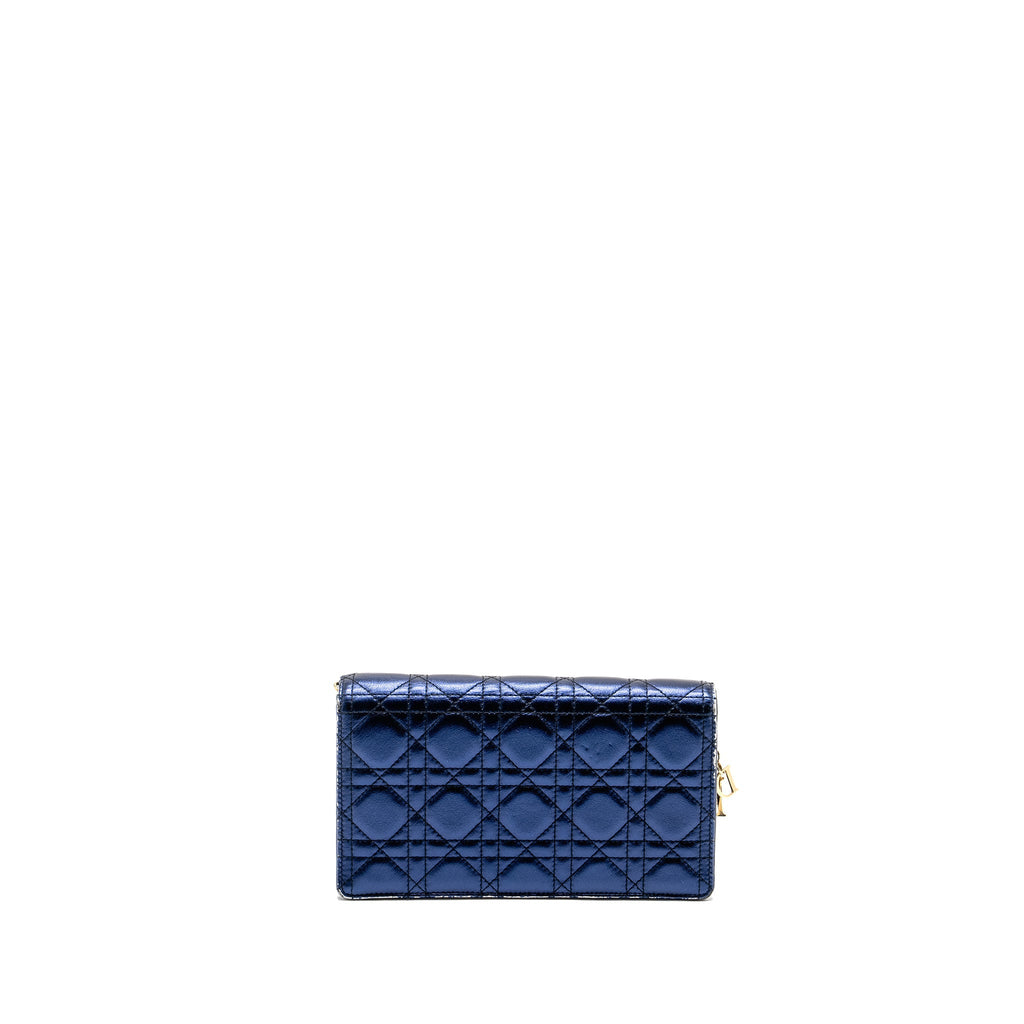 DIOR LADY DIOR POUCH CANNAGE WALLET ON CHAIN LAMBSKIN BLUE LGHW