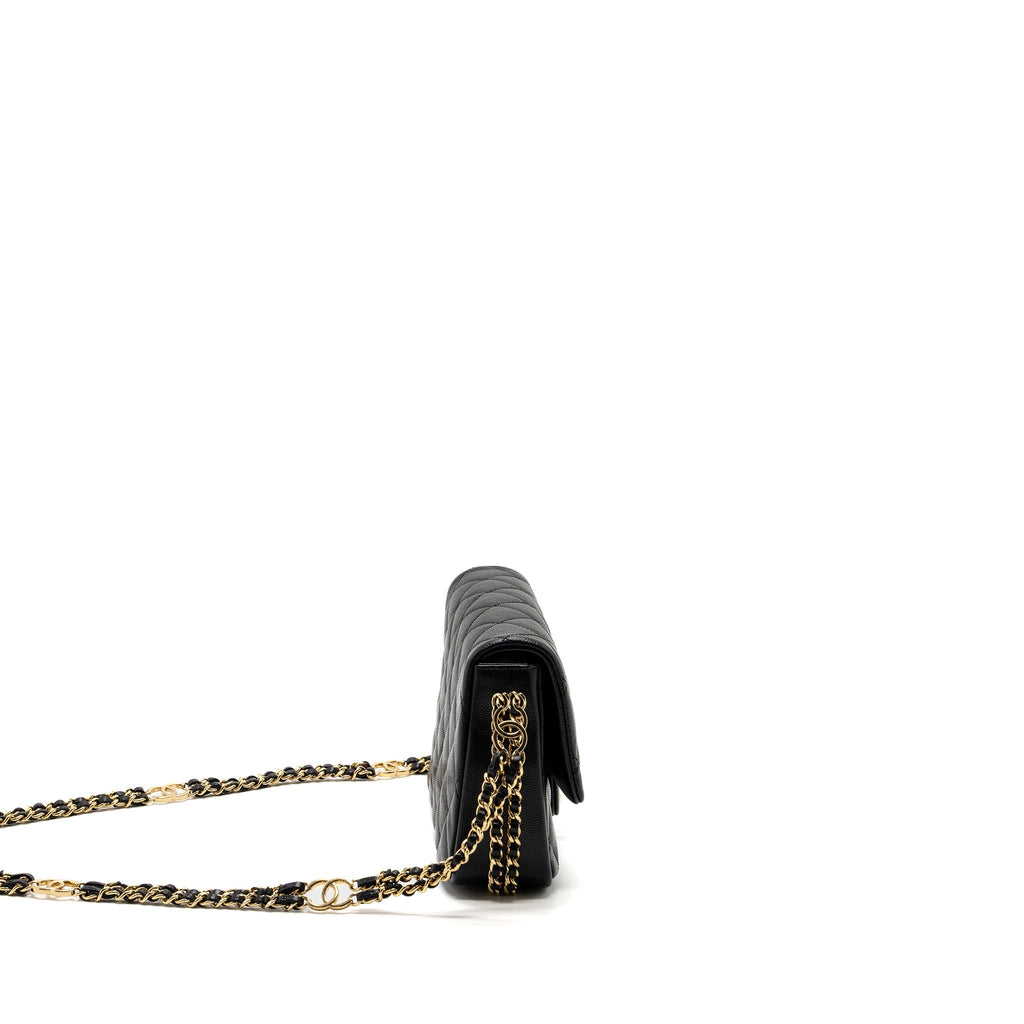 CHANEL QUILTED FLAP BAG WITH DOUBLE AND CC LOGO CHAIN CAVIAR BLACK GHW (MICROCHIP)