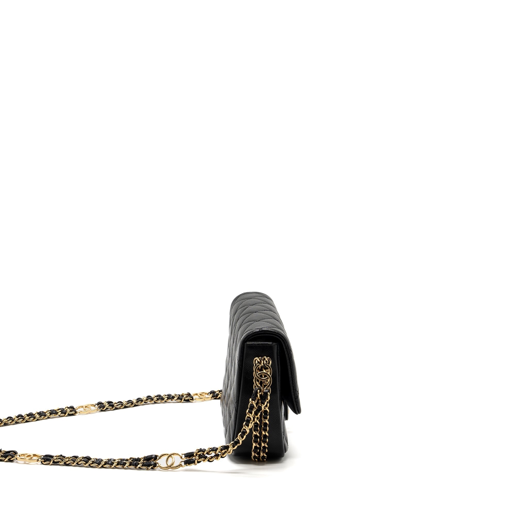 CHANEL QUILTED FLAP BAG WITH DOUBLE AND CC LOGO CHAIN CAVIAR BLACK GHW (MICROCHIP)