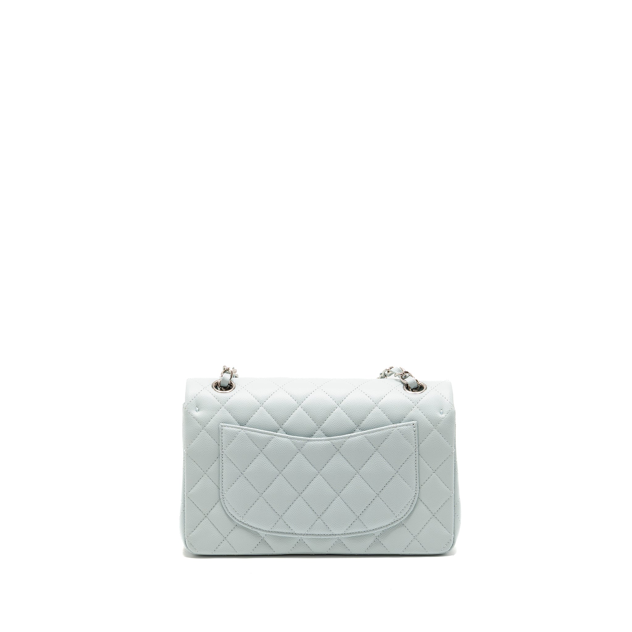 CHANEL SMALL CLASSIC DOUBLE FLAP BAG CAVIAR LIGHT BLUE SHW (MICROCHIP)
