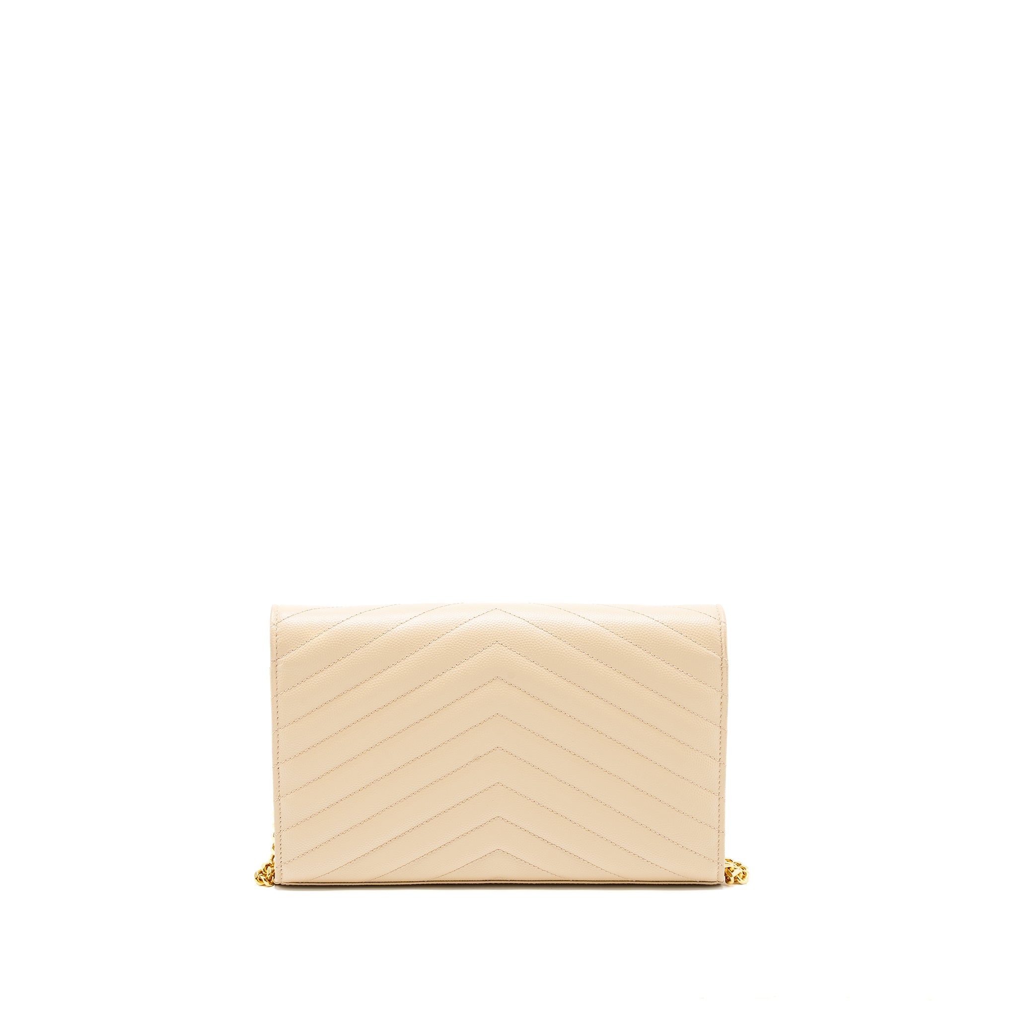 SAINT LAURENT CASSANDRE MATELASSE CHAIN WALLET GRAINED CALFSKIN BEIGE GHW
