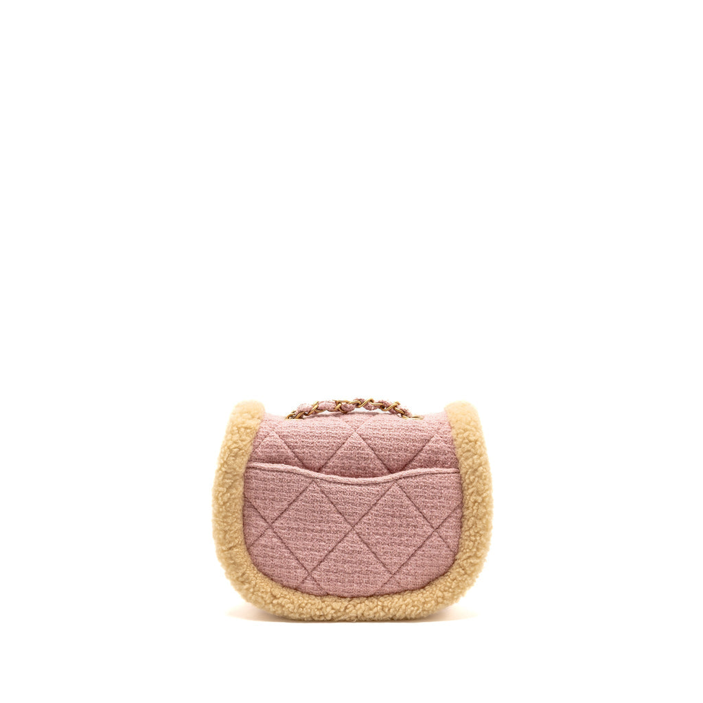 CHANEL 22K COZY COCO ROUND FLAP BAG TWEED/SHEARLING PINK GHW (MICROCHIP)