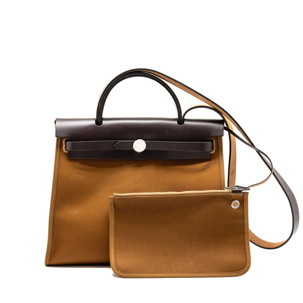 HERMES HERBAG 31 ZIP BAG CANVAS/HUNTER LEATHER ALEZAN/EBENE SHW