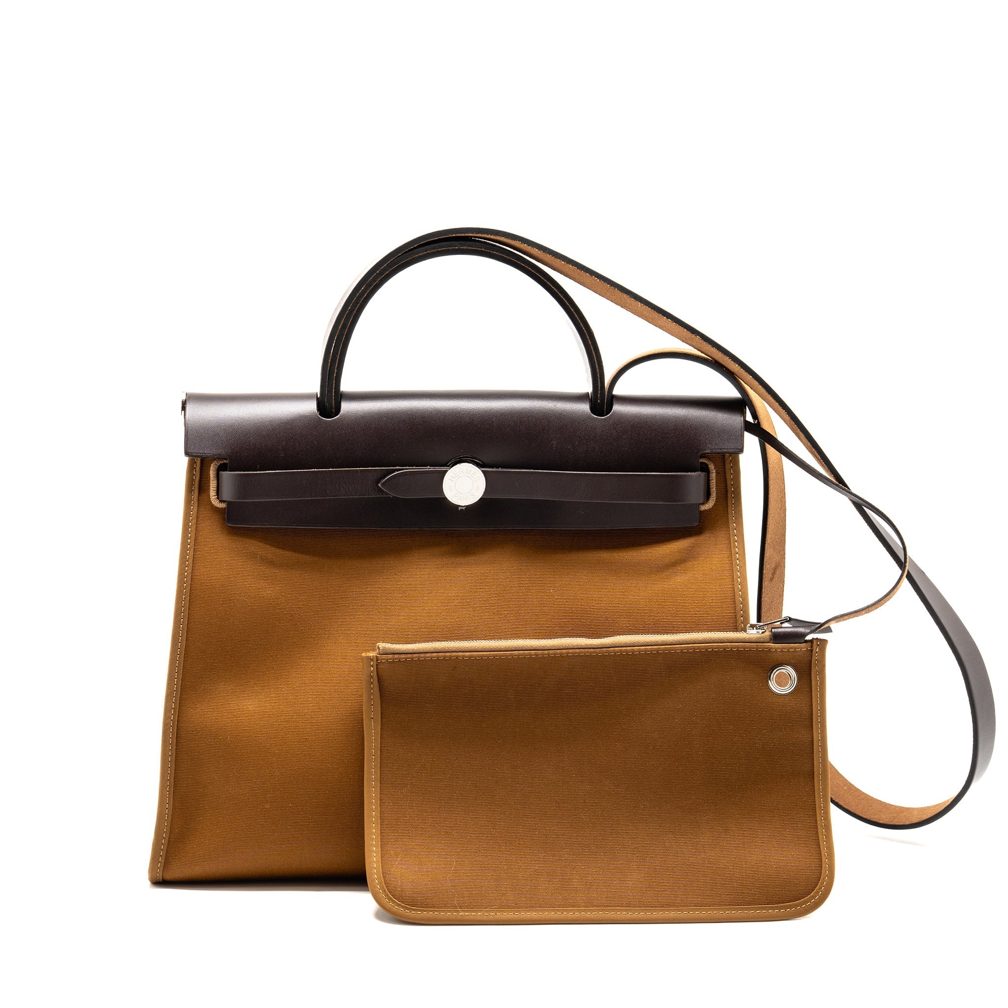 HERMES HERBAG 31 ZIP BAG CANVAS/HUNTER LEATHER ALEZAN/EBENE SHW