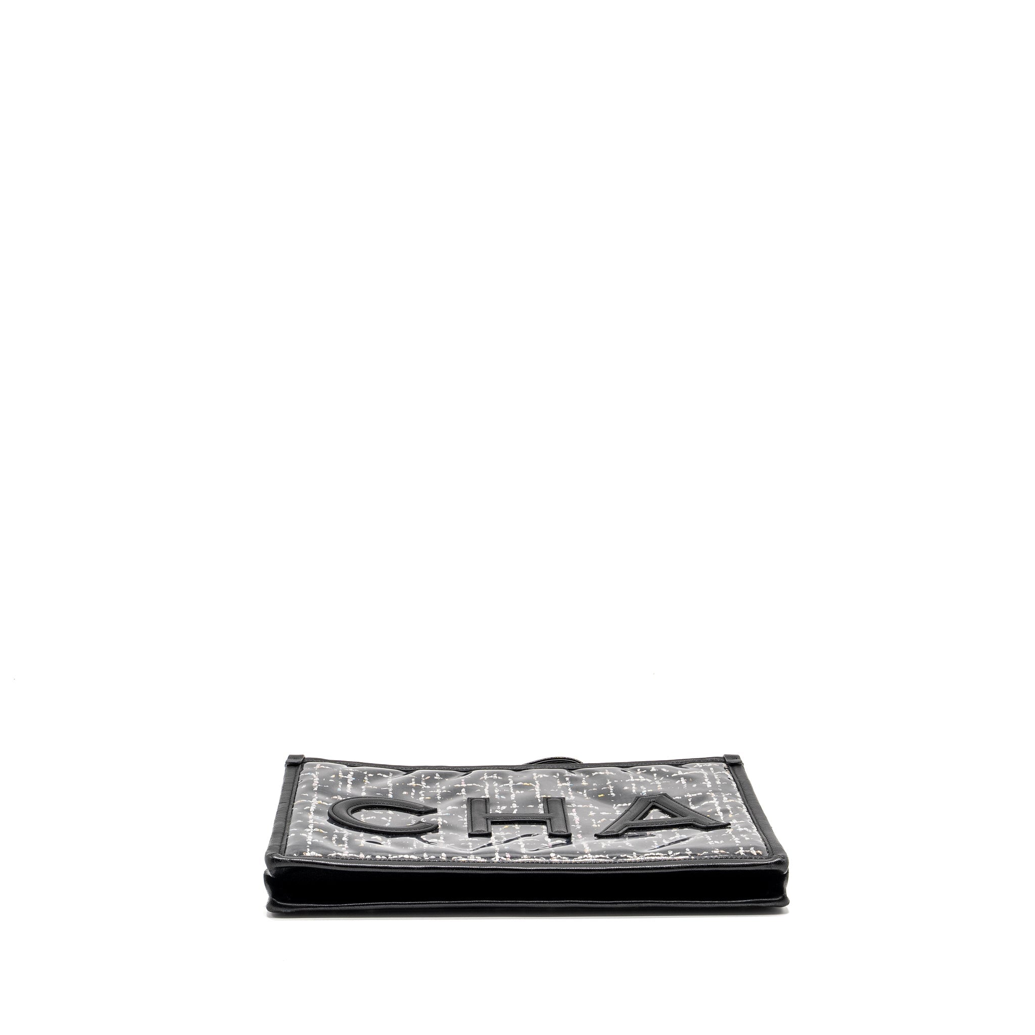 CHANEL LETTER LOGO CLUTCH BAG TWEED PVC/LAMBSKIN BLACK LGHW