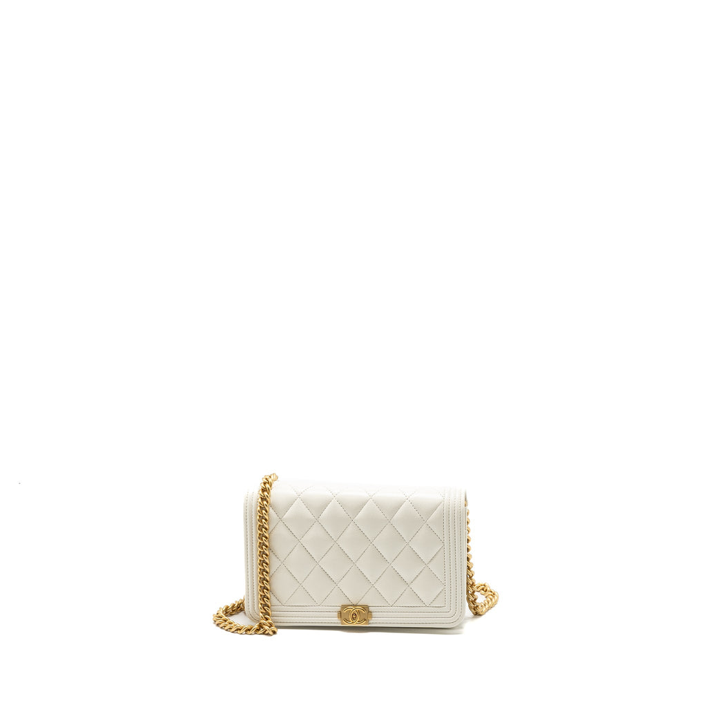 CHANEL CLASSIC BOY WALLET ON CHAIN CAVIAR WHITE GHW(MICROCHIP)