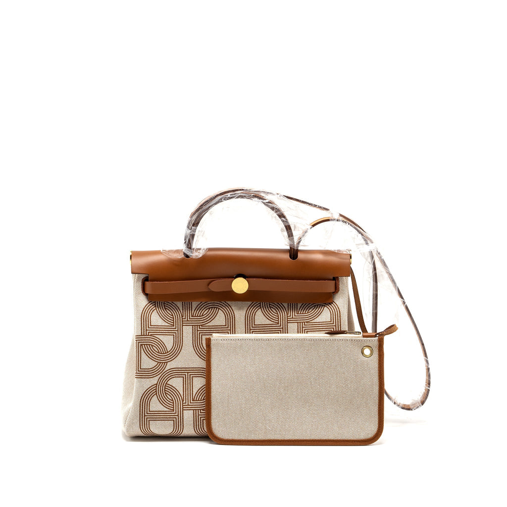 HERMES HERBAG 31 ZIP BAG TOILE H PLUME CANVAS / HUNTER FAUVE / ECRU- BEIGE GHW