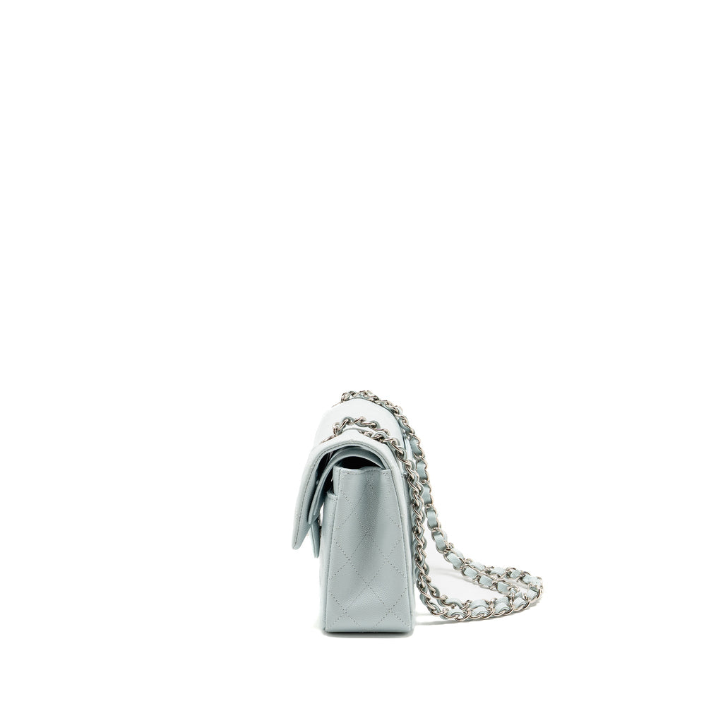 CHANEL SMALL CLASSIC DOUBLE FLAP BAG CAVIAR LIGHT BLUE SHW (MICROCHIP)