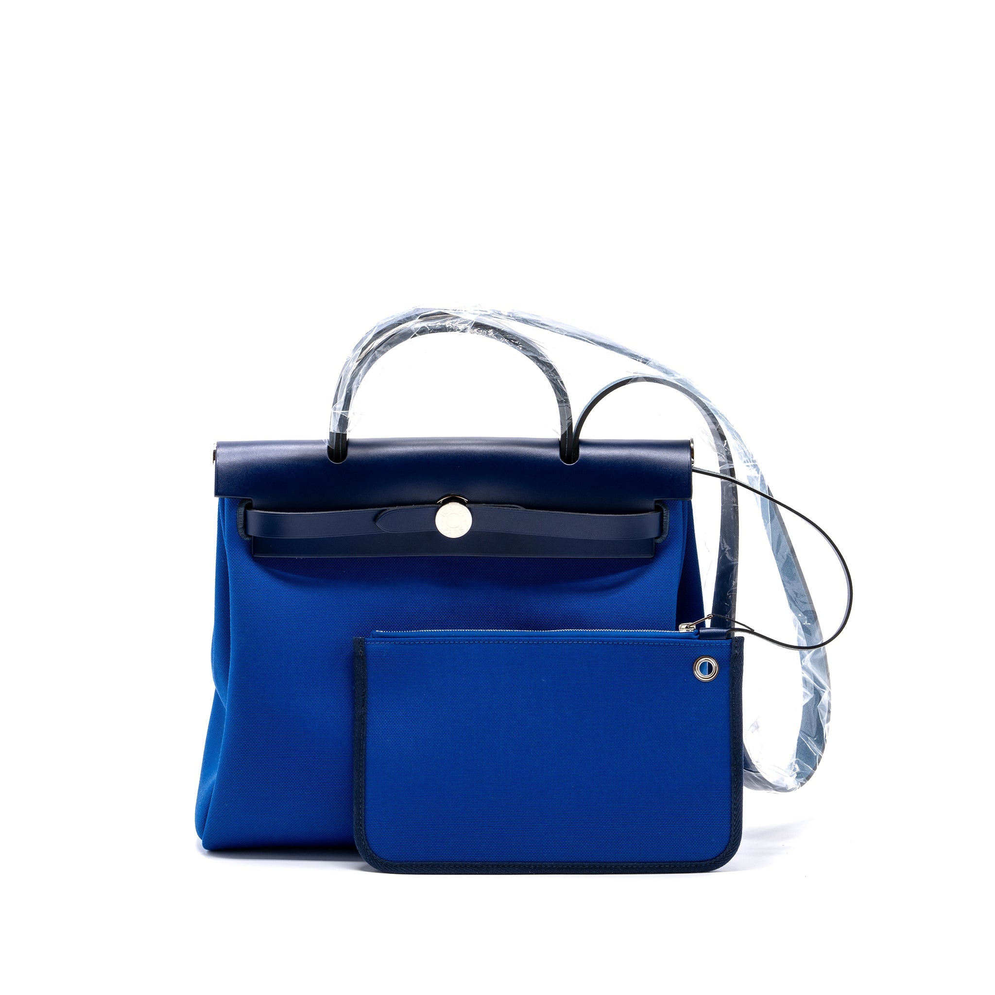 HERMES HERBAG 31 ZIP BAG CANVAS/ HUNTER LEATHER BLUE BILLARD / BLUE SAPHIR SHW