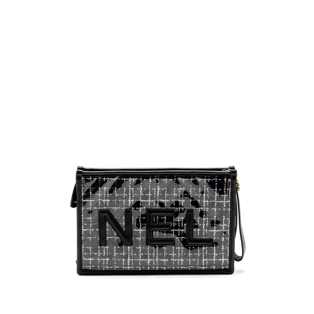 CHANEL LETTER LOGO CLUTCH BAG TWEED PVC/LAMBSKIN BLACK LGHW