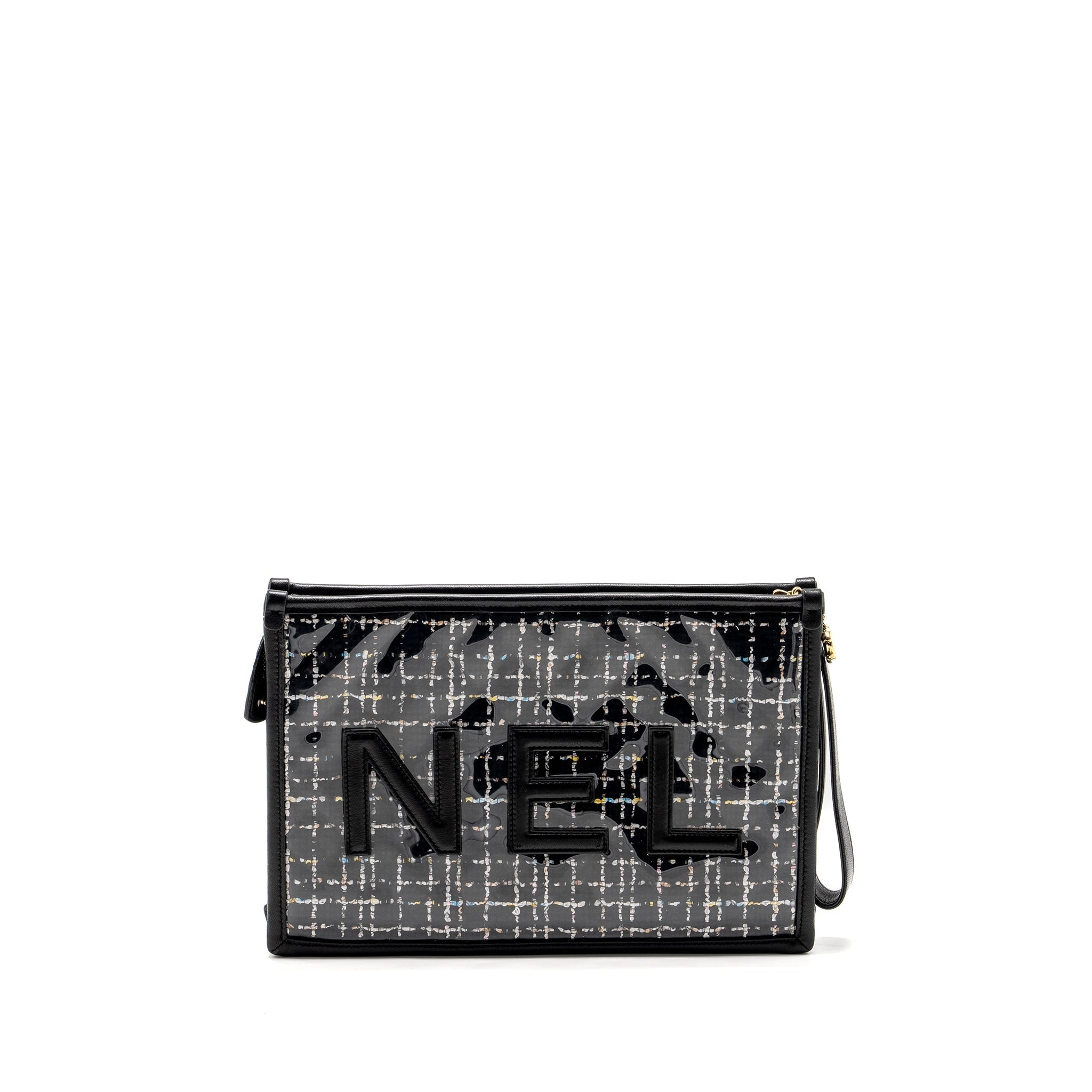 CHANEL LETTER LOGO CLUTCH BAG TWEED PVC/LAMBSKIN BLACK LGHW