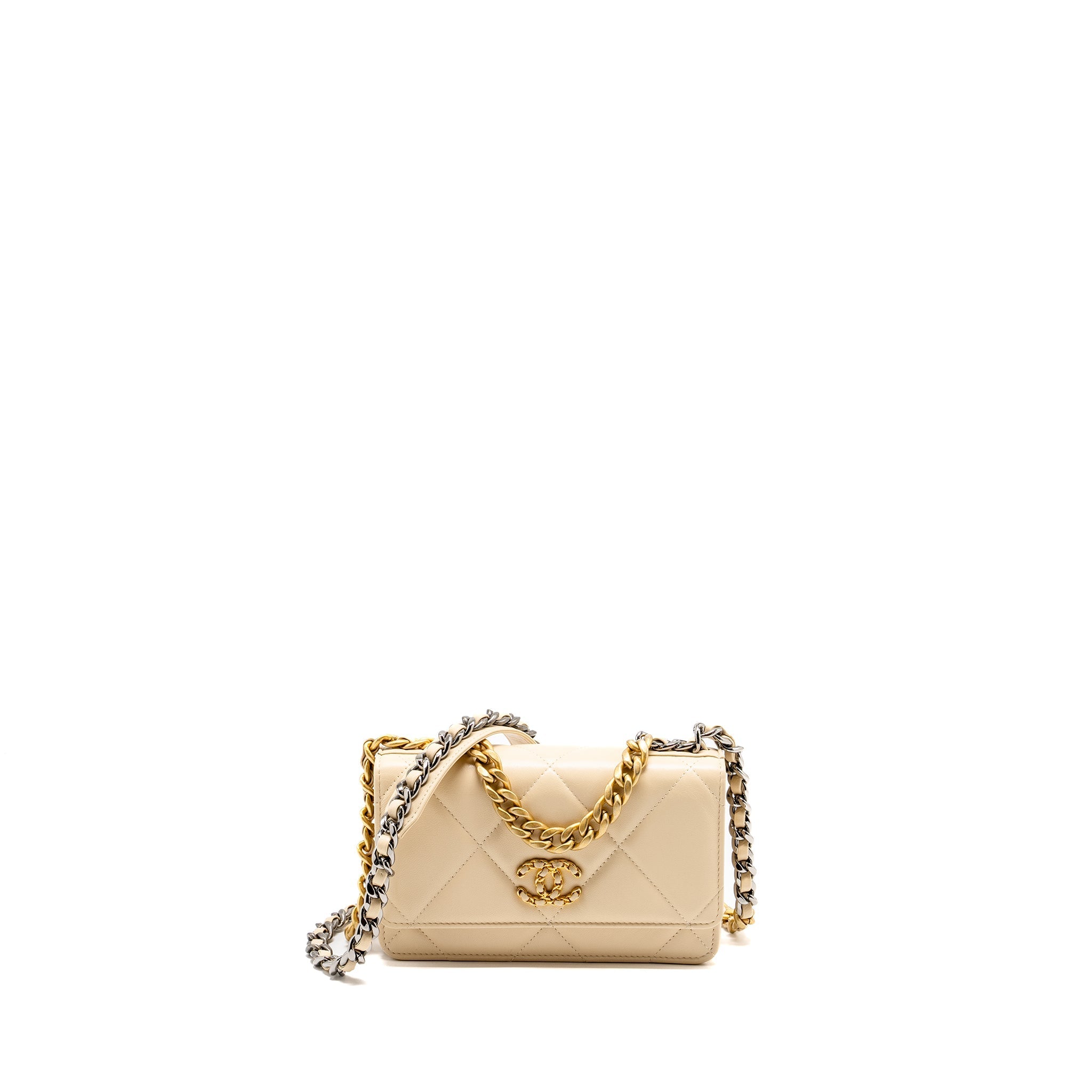 CHANEL 19 WALLET ON CHAIN LAMBSKIN LIGHT BEIGE MULTICOLOUR HARDWARE