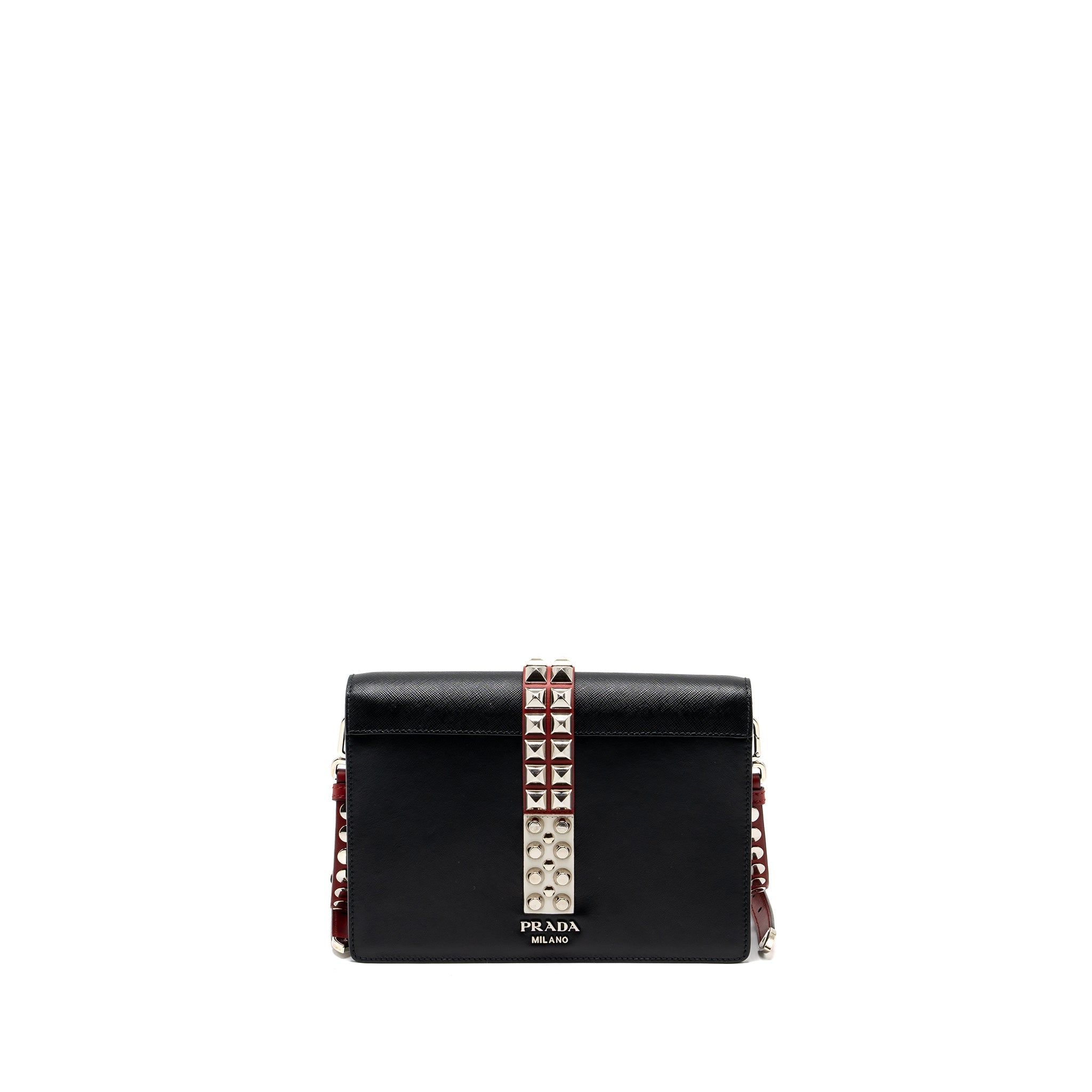 PRADA ELECTRA CITY FLAP BAG CALFSKIN BLACK / RED SHW