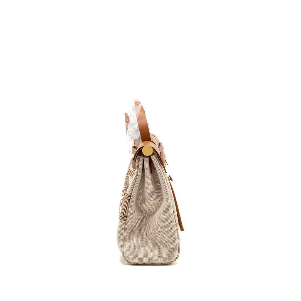 HERMES HERBAG 31 ZIP BAG TOILE H PLUME CANVAS / HUNTER FAUVE / ECRU- BEIGE GHW