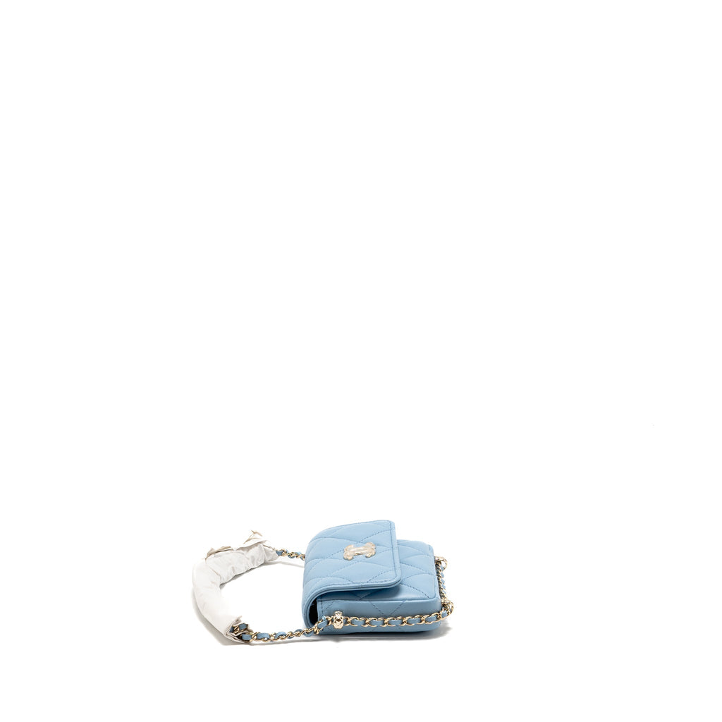 CHANEL MINI FLAP CLUTCH WITH CHAIM LAMBSKIN LIGHT BLUE LGHW