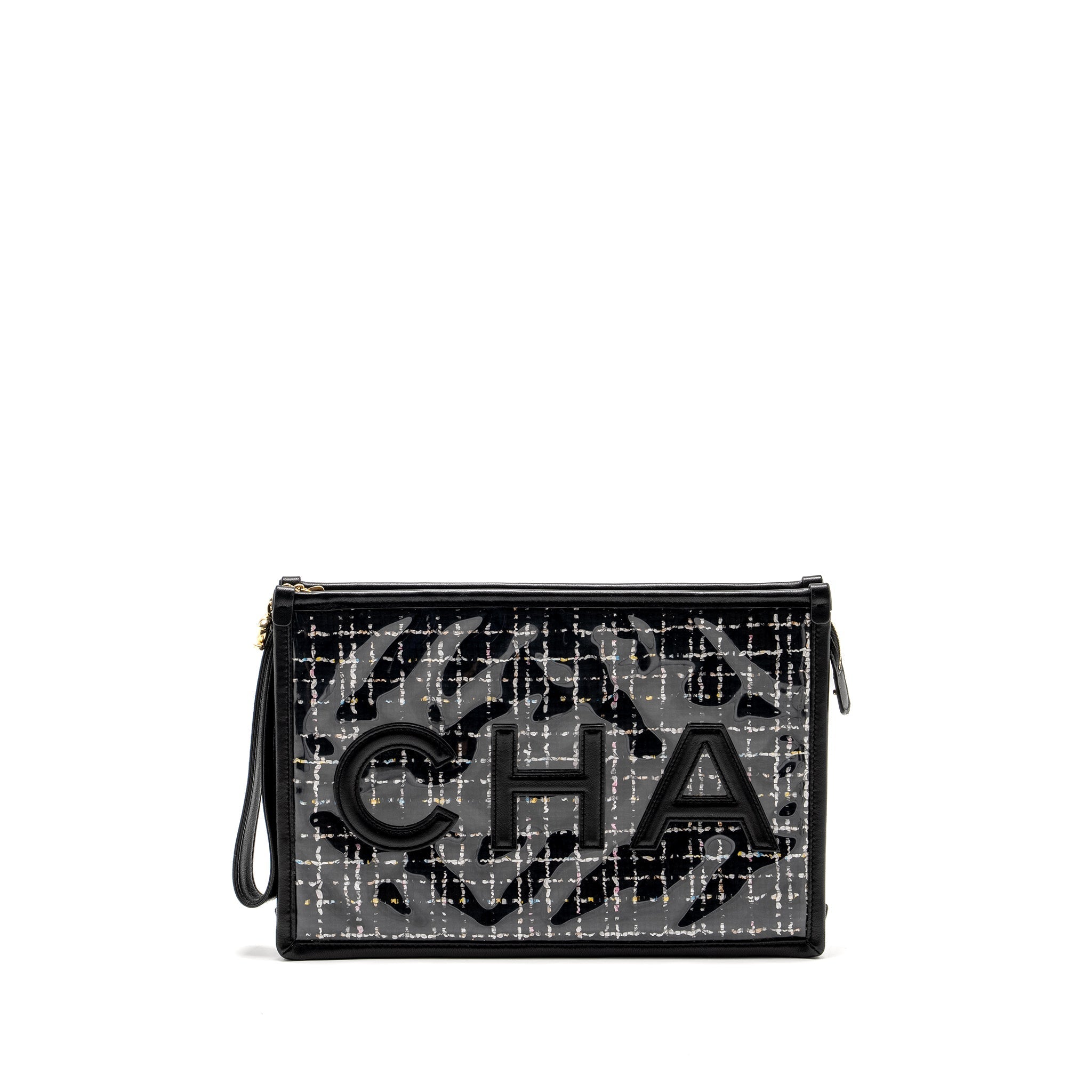 CHANEL LETTER LOGO CLUTCH BAG TWEED PVC/LAMBSKIN BLACK LGHW
