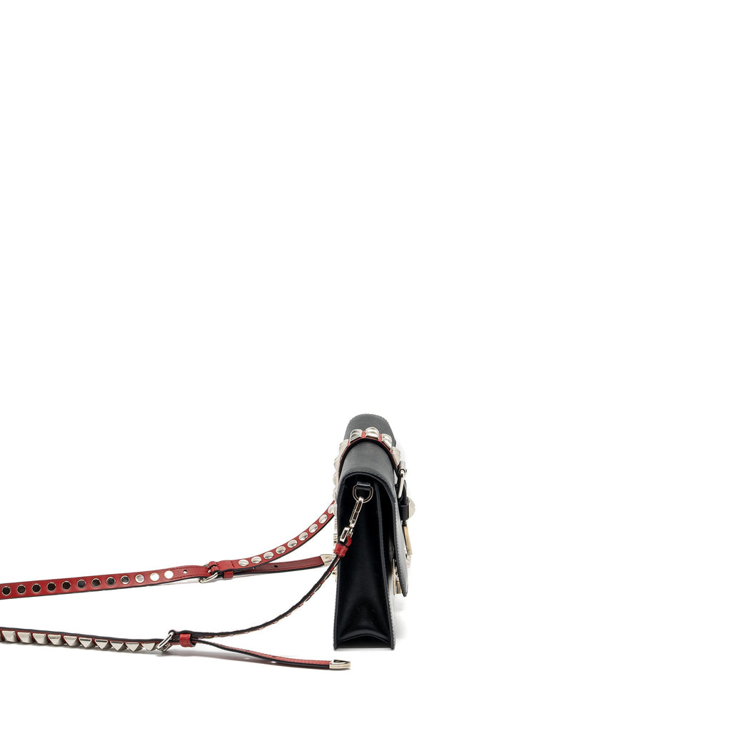 PRADA ELECTRA CITY FLAP BAG CALFSKIN BLACK / RED SHW