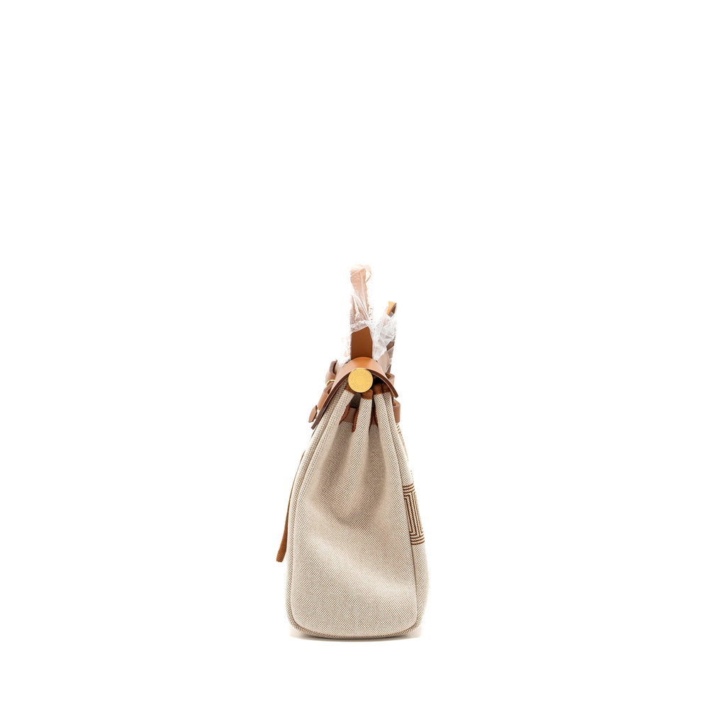 HERMES HERBAG 31 ZIP BAG TOILE H PLUME CANVAS / HUNTER FAUVE / ECRU- BEIGE GHW