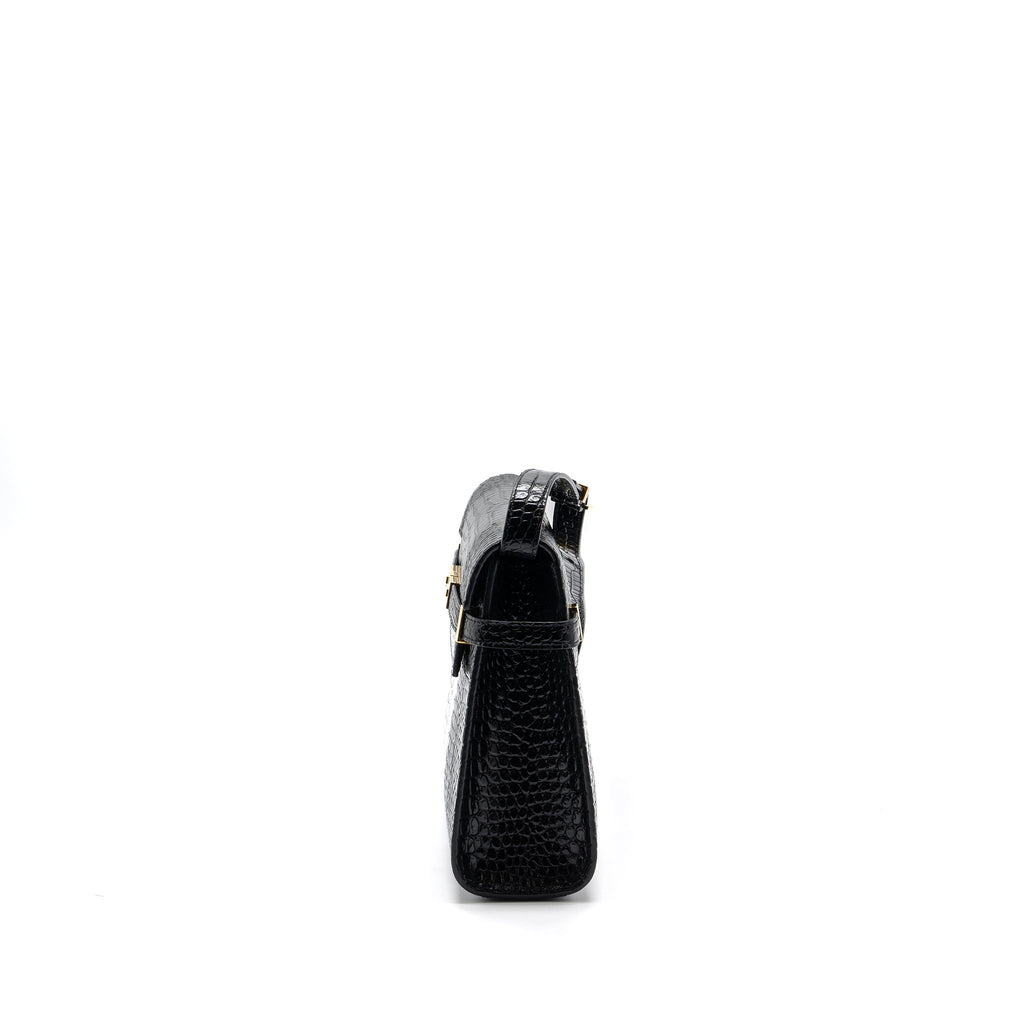 SAINT LAURENT MANHATTAN SHOULDER BAG CROC-EMBOSSED CALFSKIN BLACK GHW