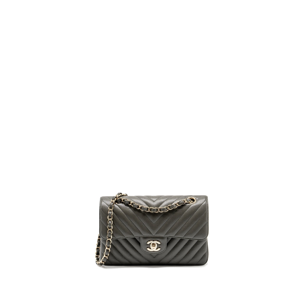 CHANEL SMALL CLASSIC DOUBLE FLAP BAG CHEVRON CAVIAR DARK GREY LGHW