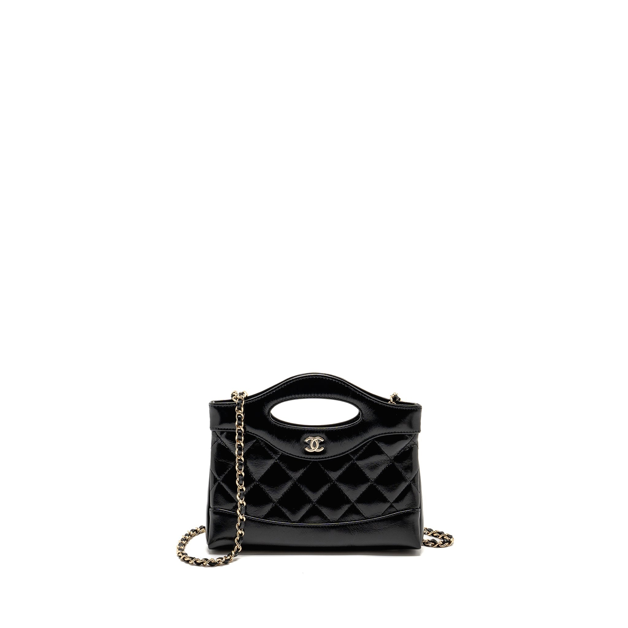 CHANEL MINI 31 CLUTCH WITH CHAIN SHINY CALFSKIN BLACK LGHW (MICROCHIP)