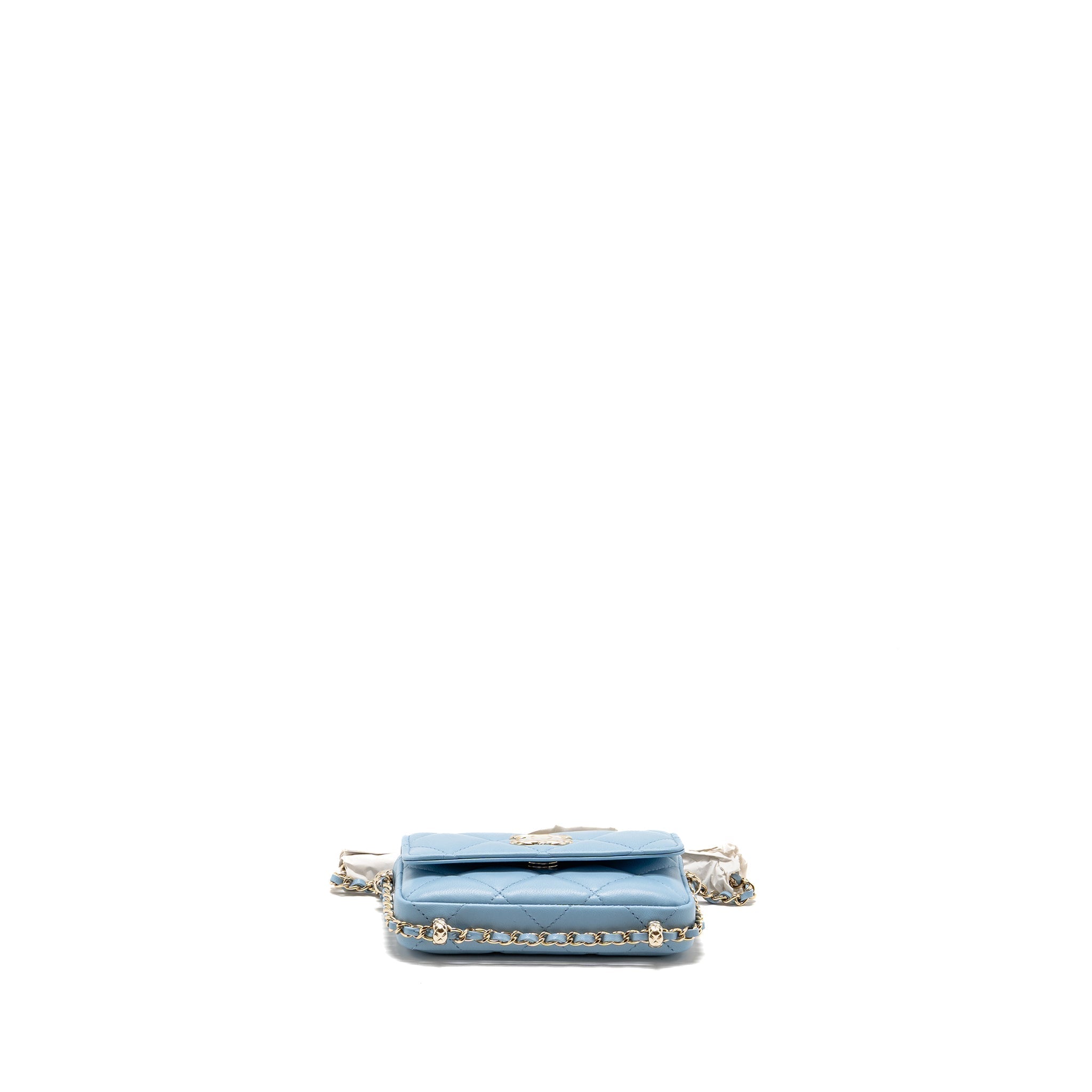 CHANEL MINI FLAP CLUTCH WITH CHAIM LAMBSKIN LIGHT BLUE LGHW