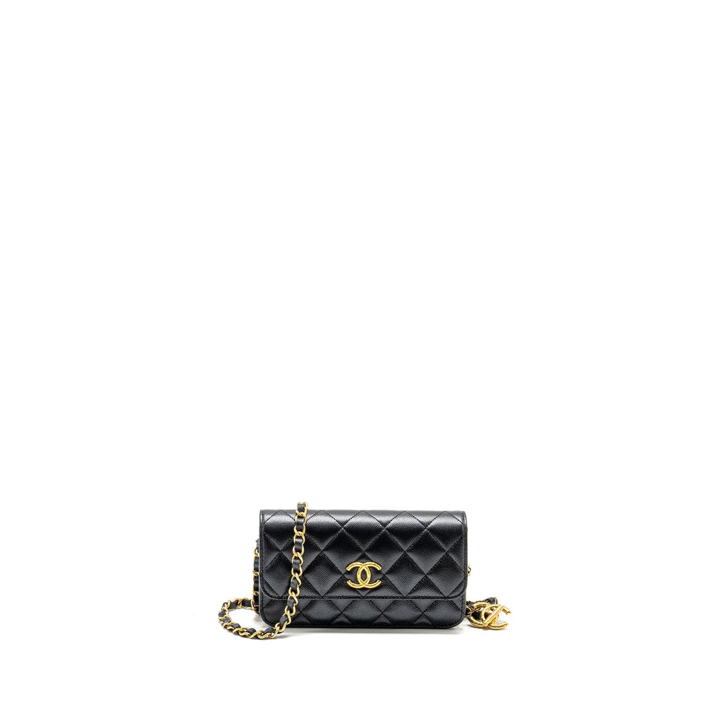 CHANEL 23B MINI FLAP WALLET WITH ADJUSTABLE CHAIN CAVIAR IRIDESCENT BLACK GHW (MICROCHIP)