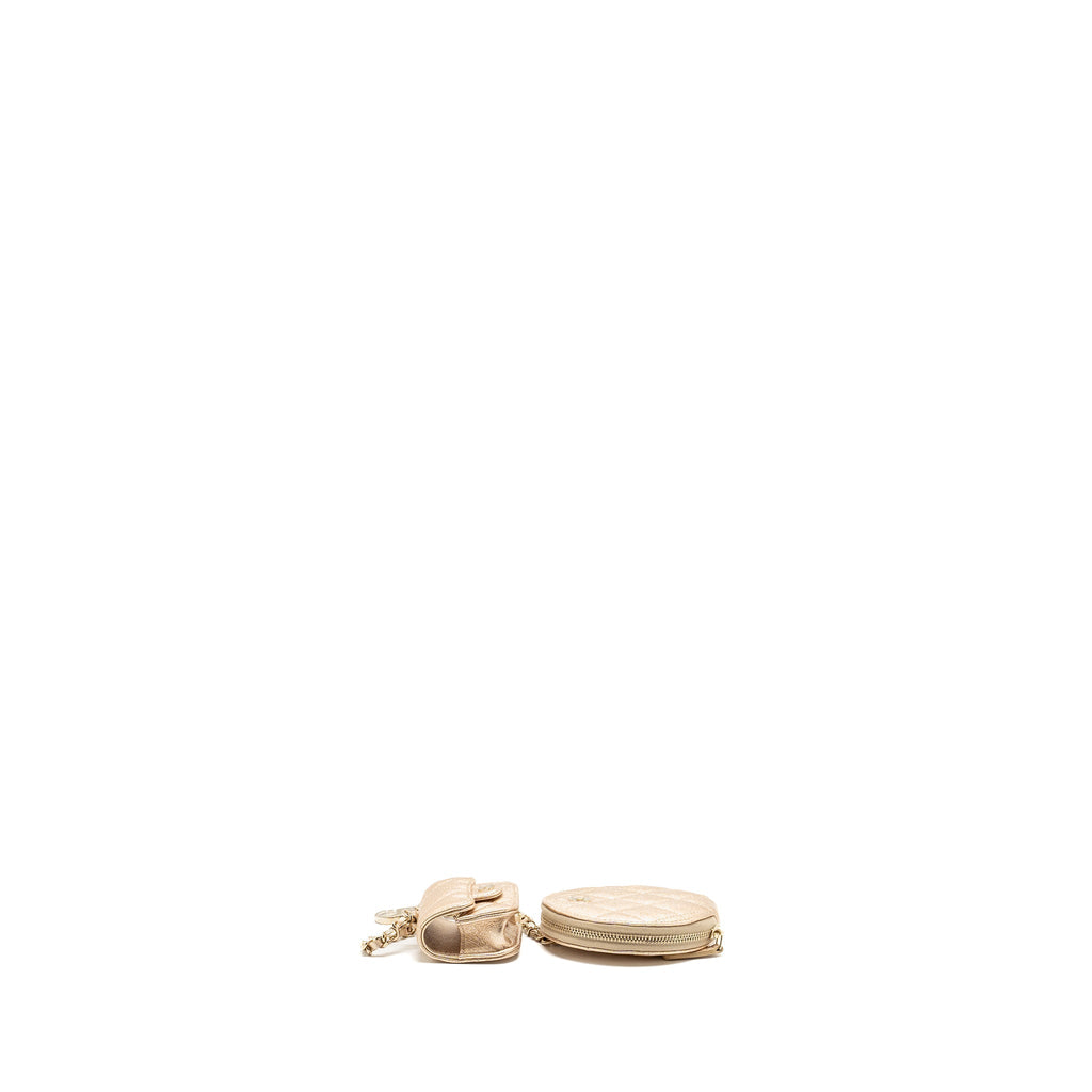 CHANEL ROUND CLIP ON PURSE DUO BAG CHARM QUILTED LAMBSKIN METALLIC GOLD LGHW (MIRCOCHIP)