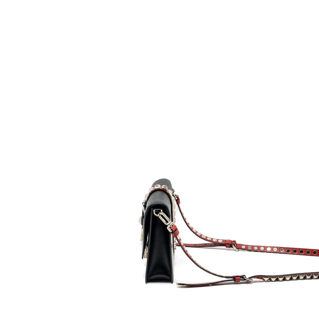 PRADA ELECTRA CITY FLAP BAG CALFSKIN BLACK / RED SHW