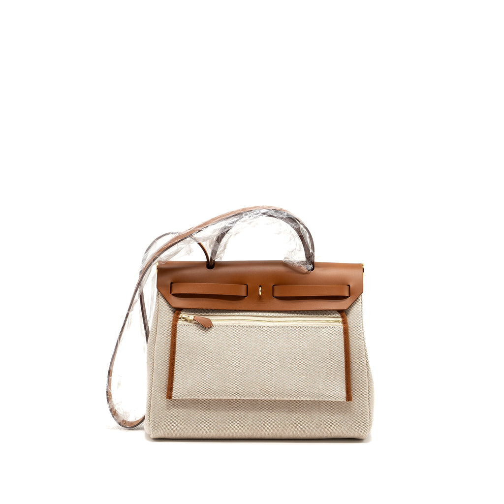 HERMES HERBAG 31 ZIP BAG TOILE H PLUME CANVAS / HUNTER FAUVE / ECRU- BEIGE GHW